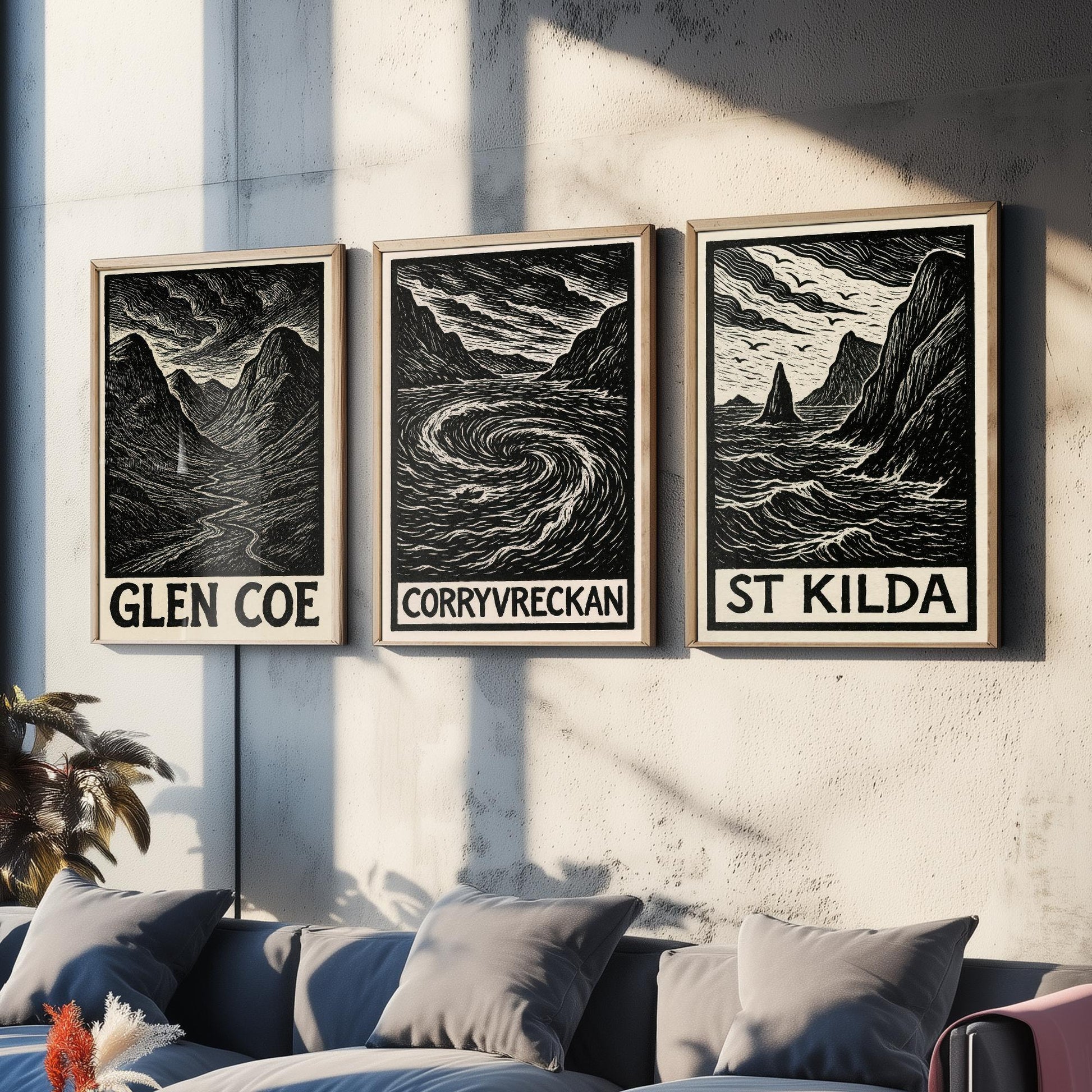 Scotland Woodcut Set of Three Art Prints - 3 Glen Coe Corryvreckan St Kilda Posters - Gothic Illustration Highland Travel Gift