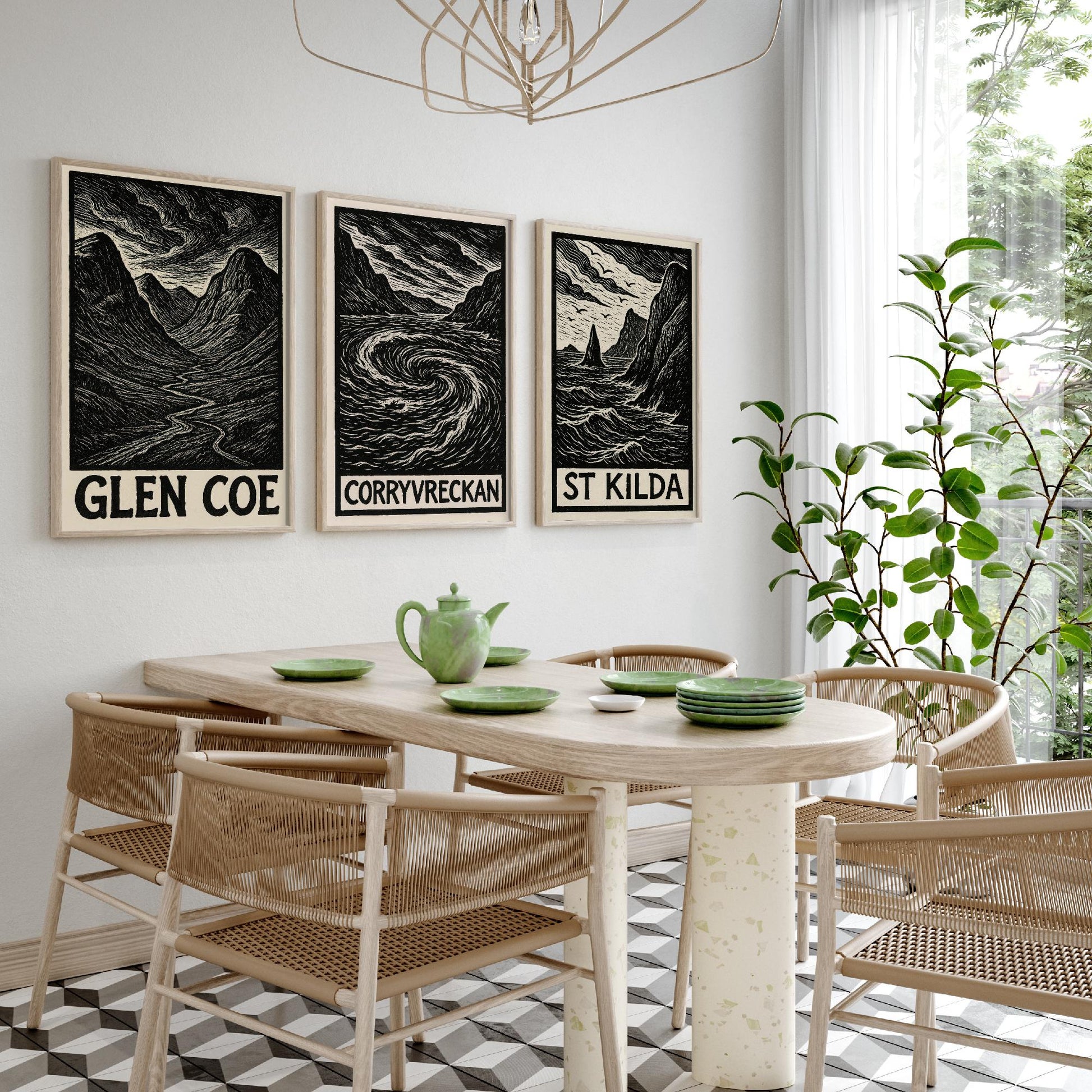 Scotland Woodcut Set of Three Art Prints - 3 Glen Coe Corryvreckan St Kilda Posters - Gothic Illustration Highland Travel Gift