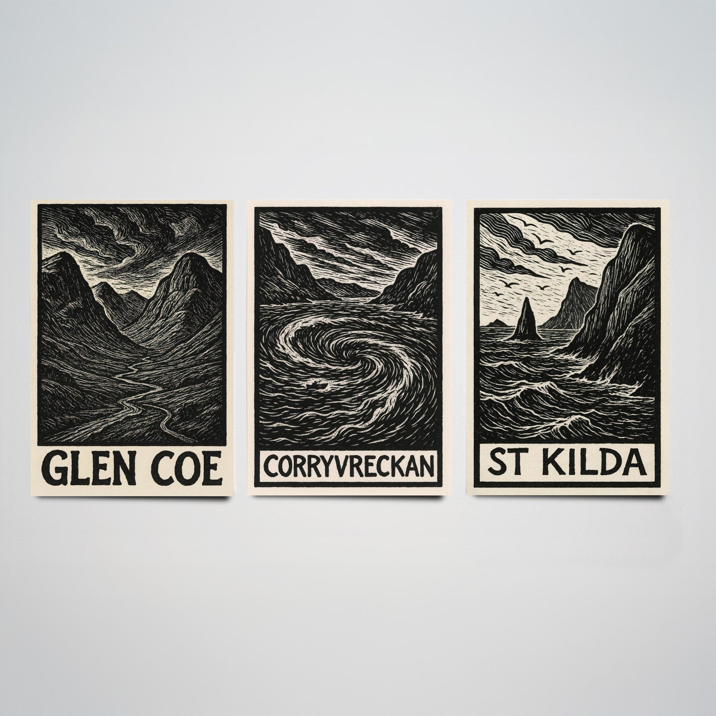 Scotland Woodcut Set of Three Art Prints - 3 Glen Coe Corryvreckan St Kilda Posters - Gothic Illustration Highland Travel Gift