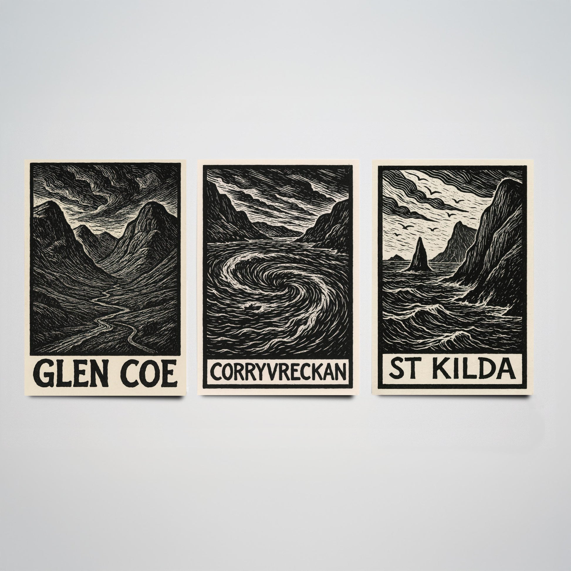 Scotland Woodcut Set of Three Art Prints - 3 Glen Coe Corryvreckan St Kilda Posters - Gothic Illustration Highland Travel Gift