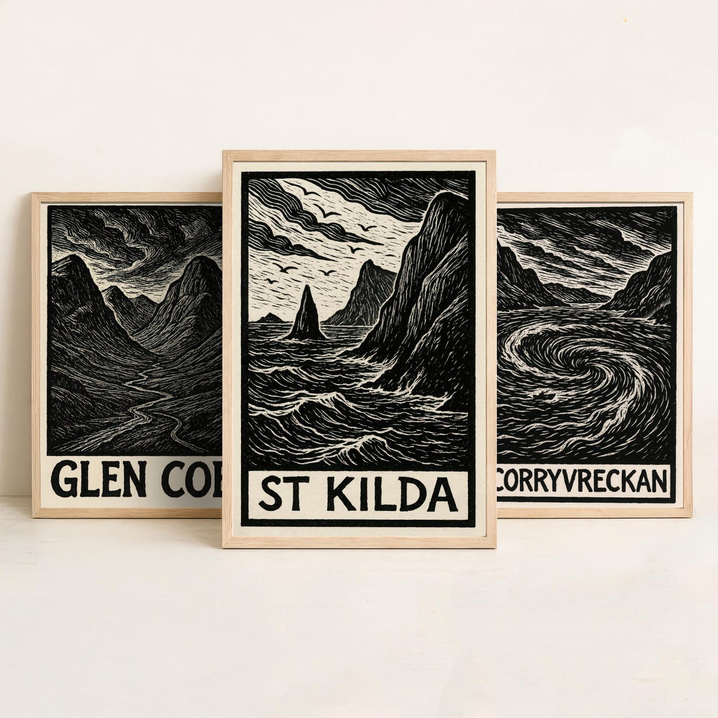Scotland Woodcut Set of Three Art Prints - 3 Glen Coe Corryvreckan St Kilda Posters - Gothic Illustration Highland Travel Gift