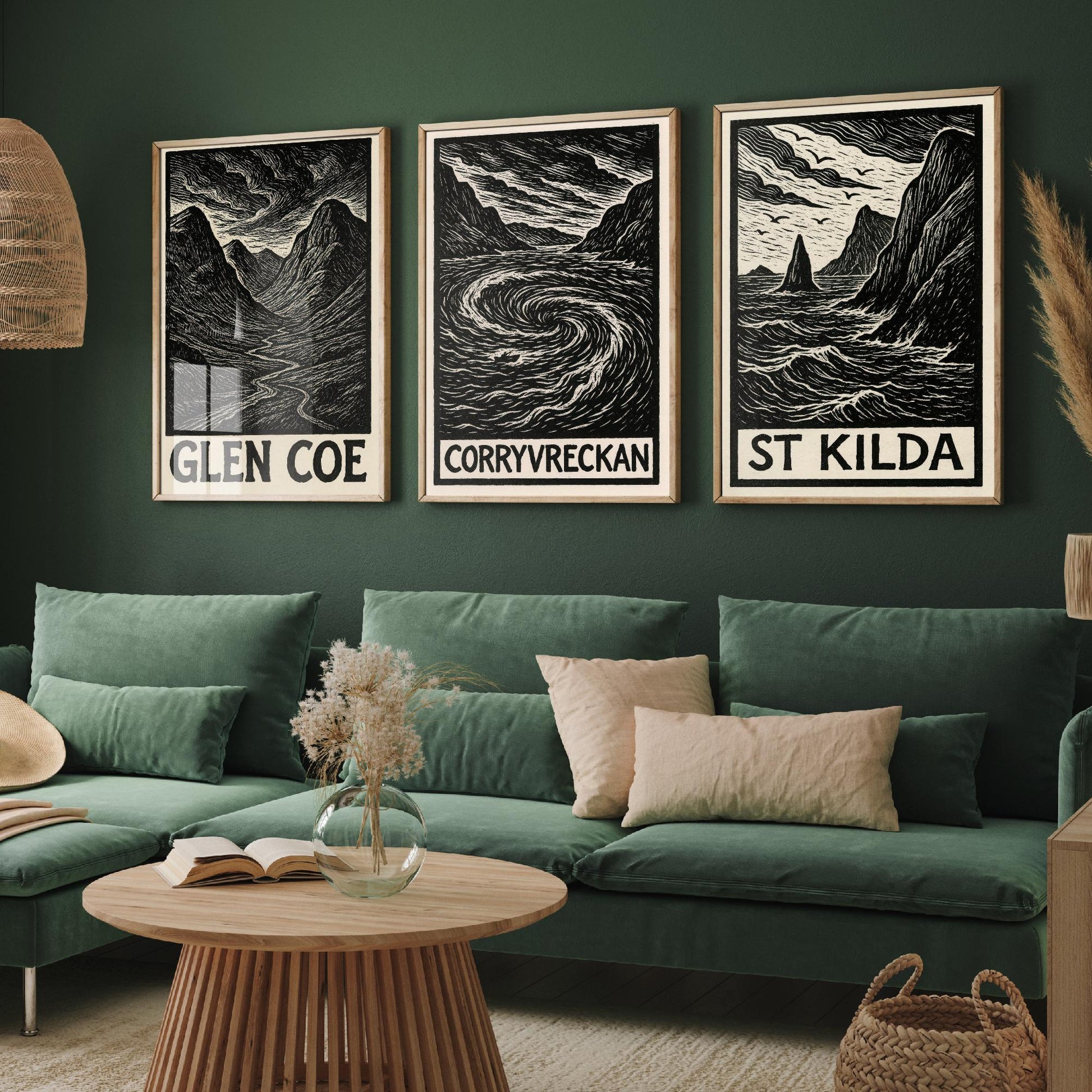 Scotland Woodcut Set of Three Art Prints - 3 Glen Coe Corryvreckan St Kilda Posters - Gothic Illustration Highland Travel Gift