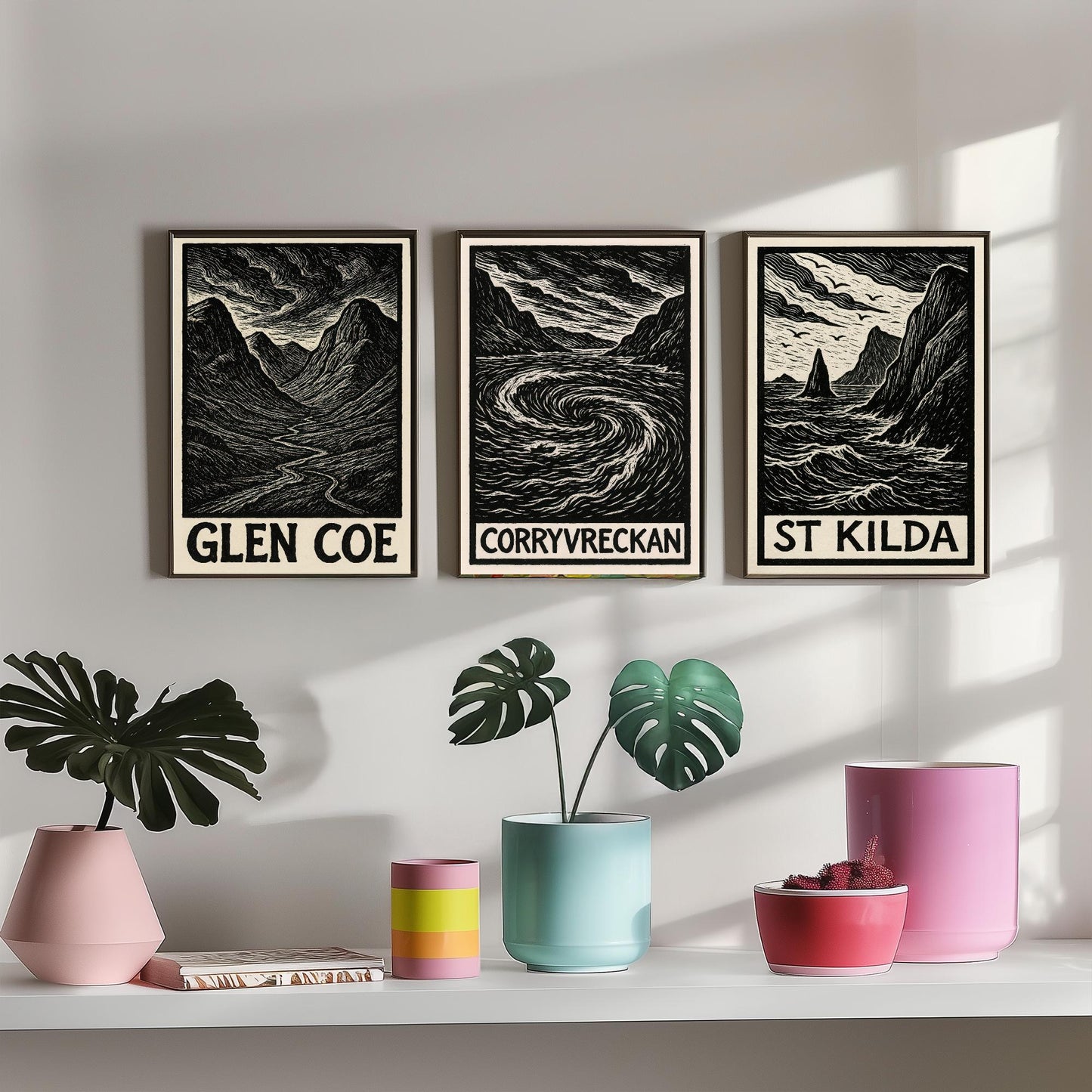 Scotland Woodcut Set of Three Art Prints - 3 Glen Coe Corryvreckan St Kilda Posters - Gothic Illustration Highland Travel Gift