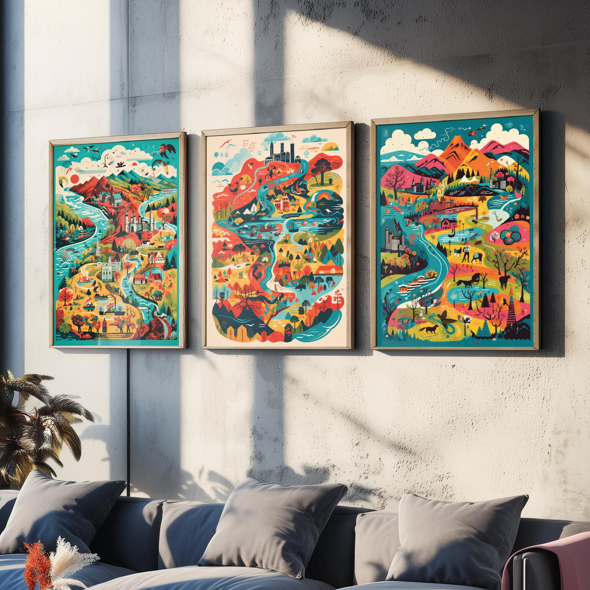 Scotland Illustrated Map Set of Three Art Prints - Lochs, Castles, Glens and Wildlife - Colourful Travel Poster Illustration