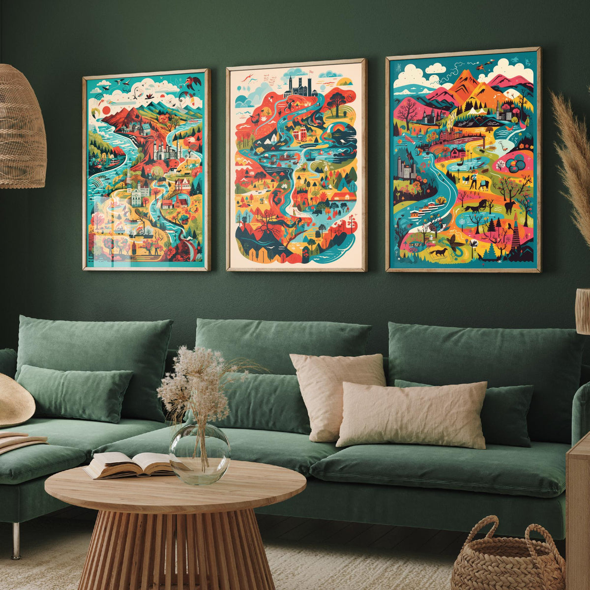 Scotland Illustrated Map Set of Three Art Prints - Lochs, Castles, Glens and Wildlife - Colourful Travel Poster Illustration
