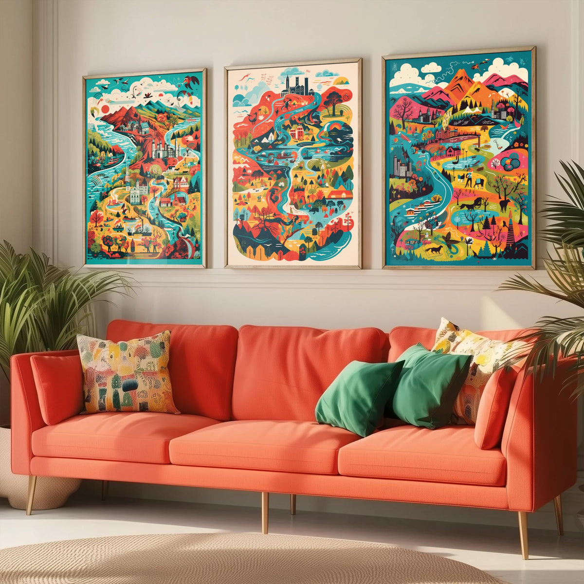 Scotland Illustrated Map Set of Three Art Prints - Lochs, Castles, Glens and Wildlife - Colourful Travel Poster Illustration