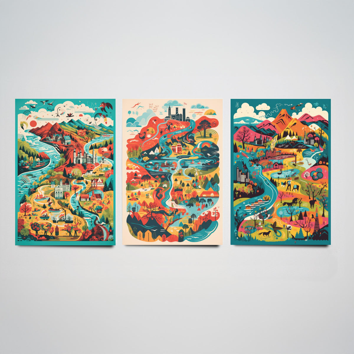 Scotland Illustrated Map Set of Three Art Prints - Lochs, Castles, Glens and Wildlife - Colourful Travel Poster Illustration