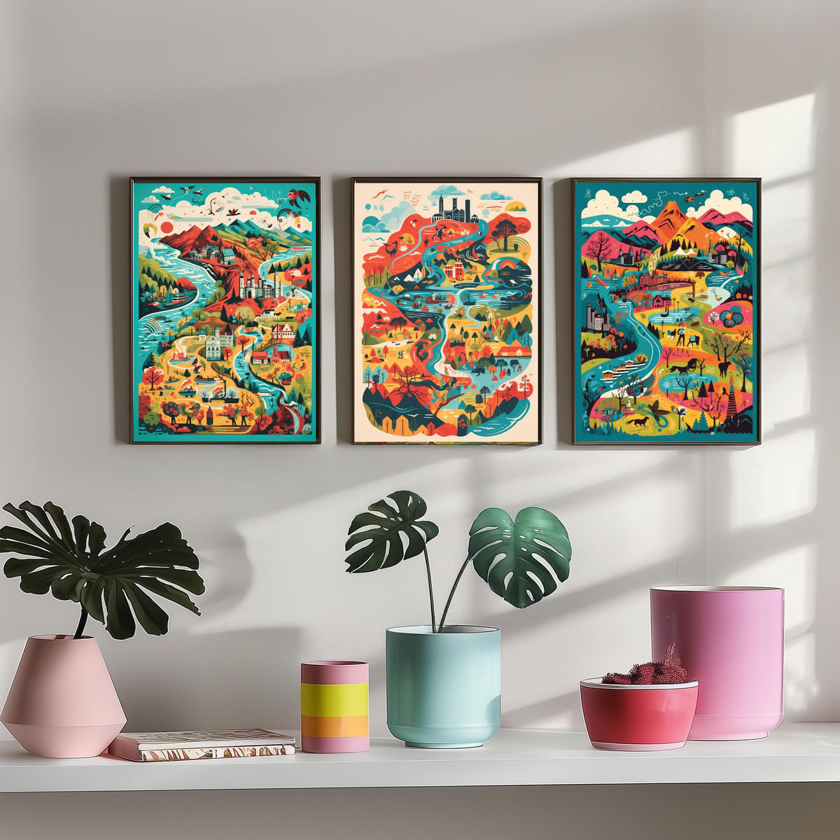 Scotland Illustrated Map Set of Three Art Prints - Lochs, Castles, Glens and Wildlife - Colourful Travel Poster Illustration