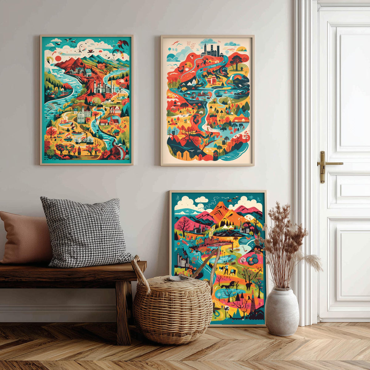 Scotland Illustrated Map Set of Three Art Prints - Lochs, Castles, Glens and Wildlife - Colourful Travel Poster Illustration