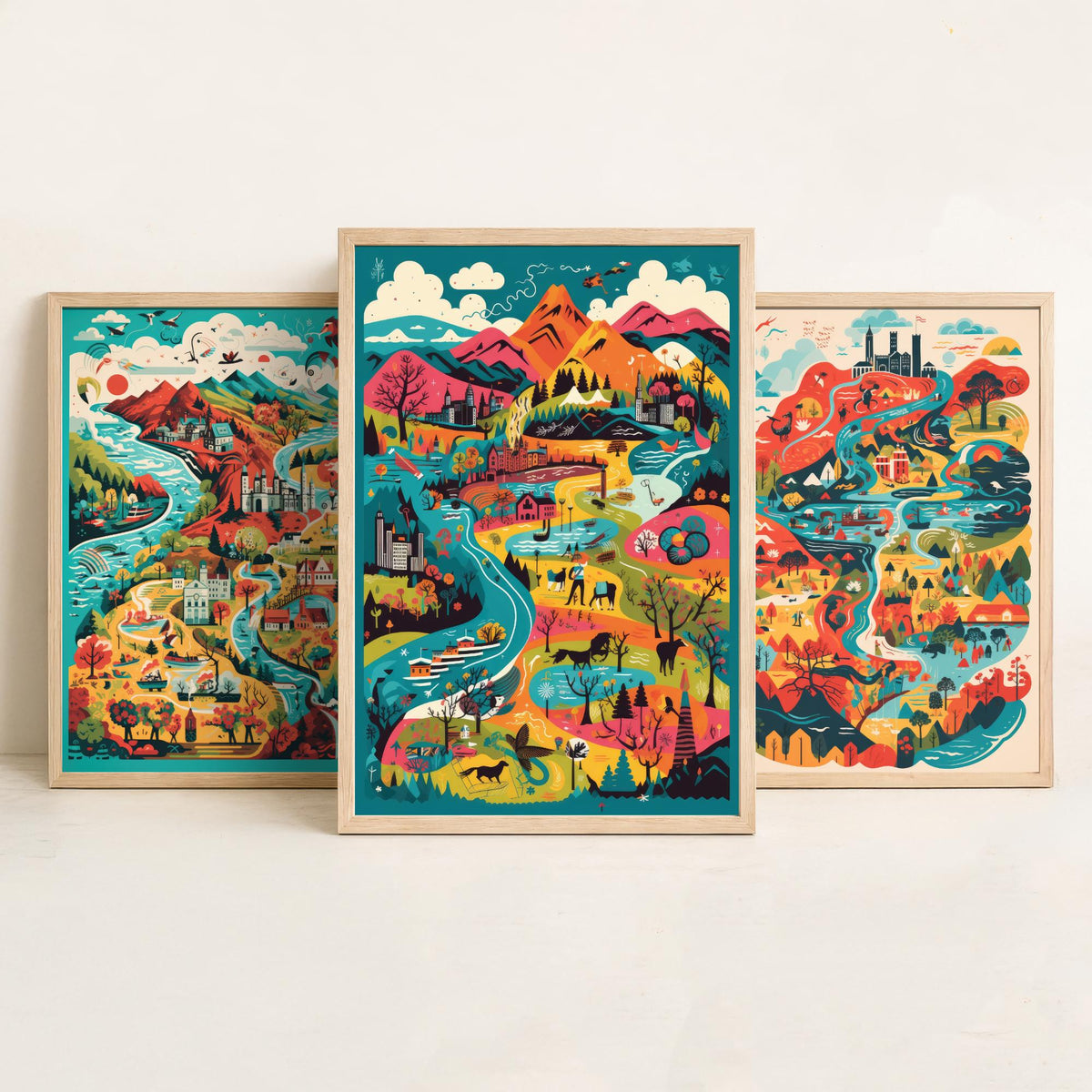 Scotland Illustrated Map Set of Three Art Prints - Lochs, Castles, Glens and Wildlife - Colourful Travel Poster Illustration