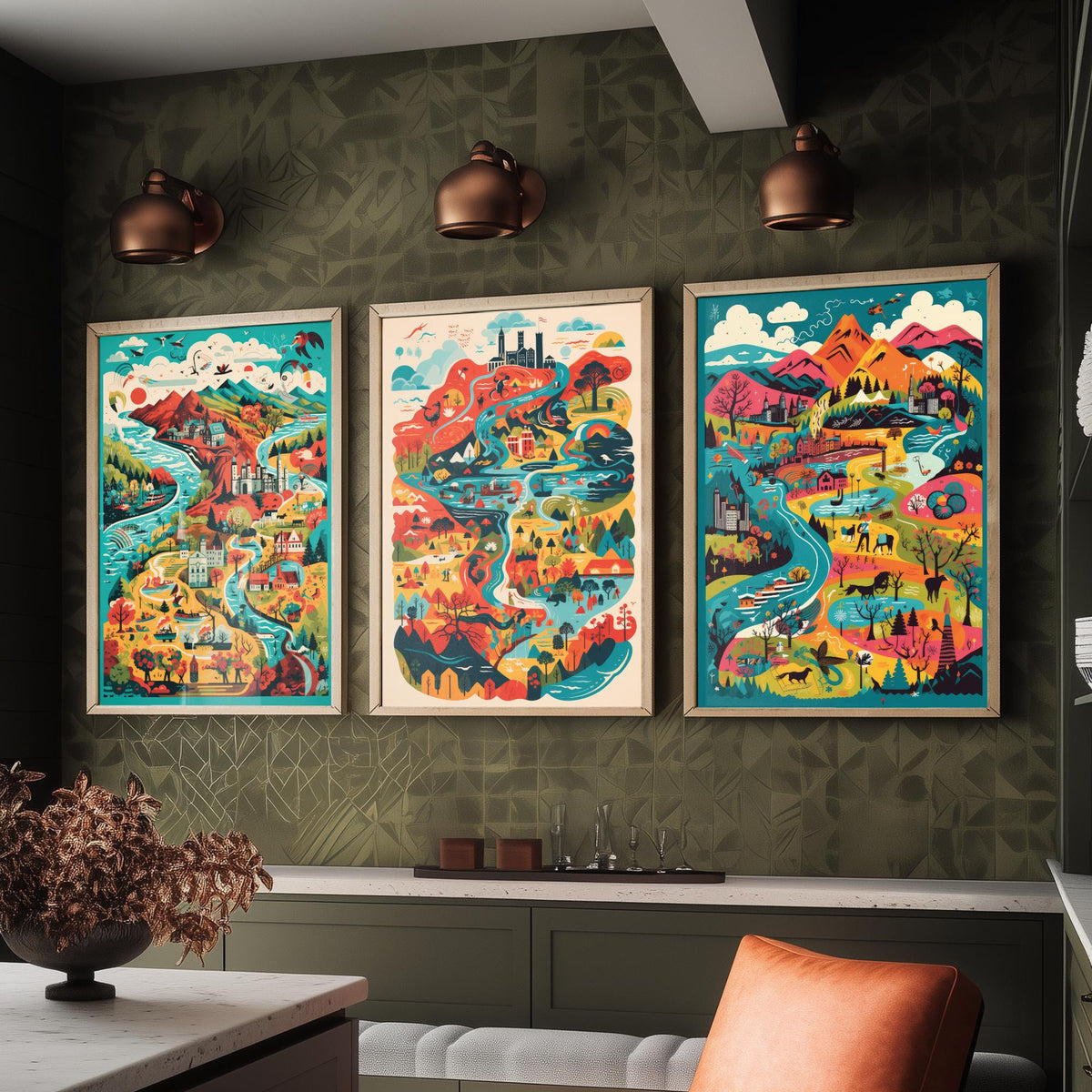 Scotland Illustrated Map Set of Three Art Prints - Lochs, Castles, Glens and Wildlife - Colourful Travel Poster Illustration