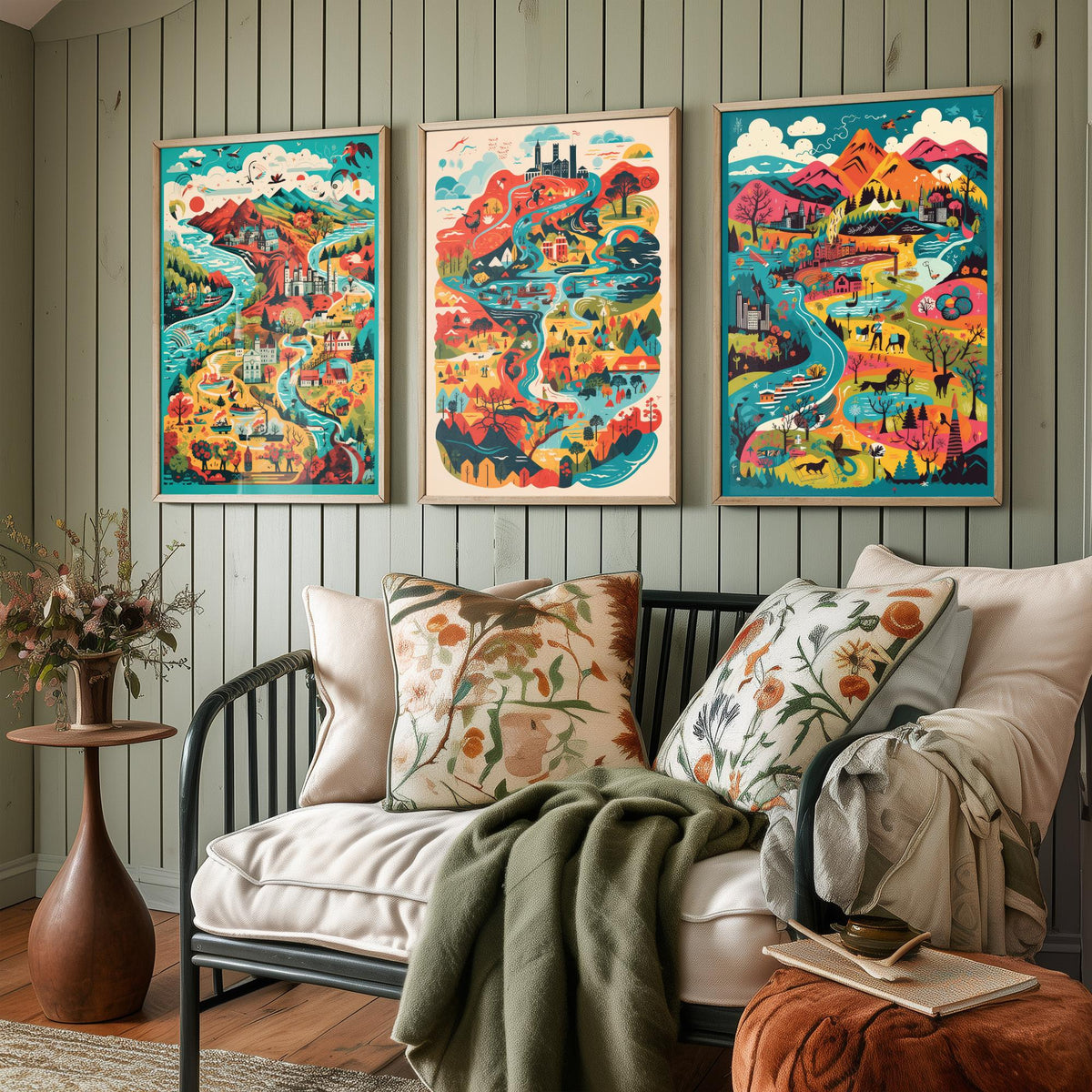 Scotland Illustrated Map Set of Three Art Prints - Lochs, Castles, Glens and Wildlife - Colourful Travel Poster Illustration