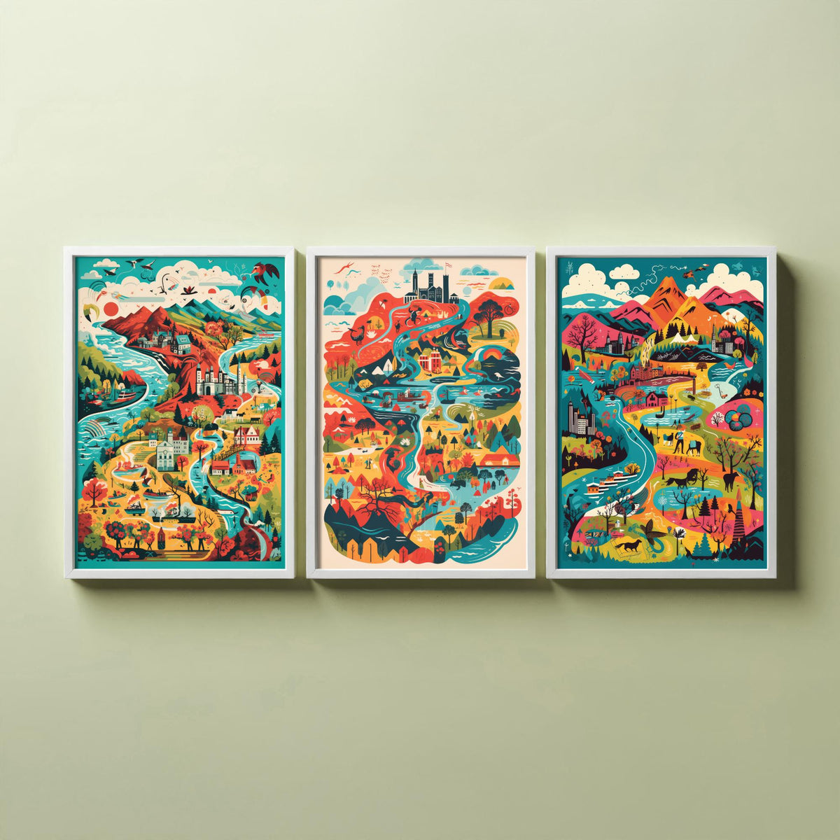 Scotland Illustrated Map Set of Three Art Prints - Lochs, Castles, Glens and Wildlife - Colourful Travel Poster Illustration