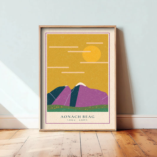 Aonach Beag Art Print - Scottish Munro Poster - Mustard Sky Linocut Look Illustration V2 2/3