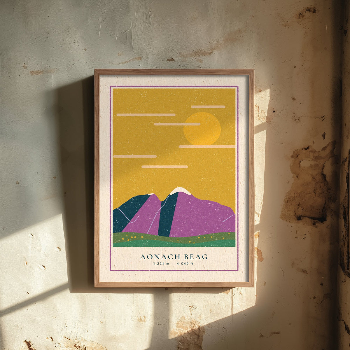 Aonach Beag Art Print - Scottish Munro Poster - Mustard Sky Linocut Look Illustration V2 2/3