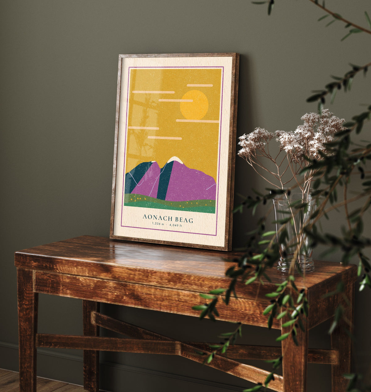 Aonach Beag Art Print - Scottish Munro Poster - Mustard Sky Linocut Look Illustration V2 2/3