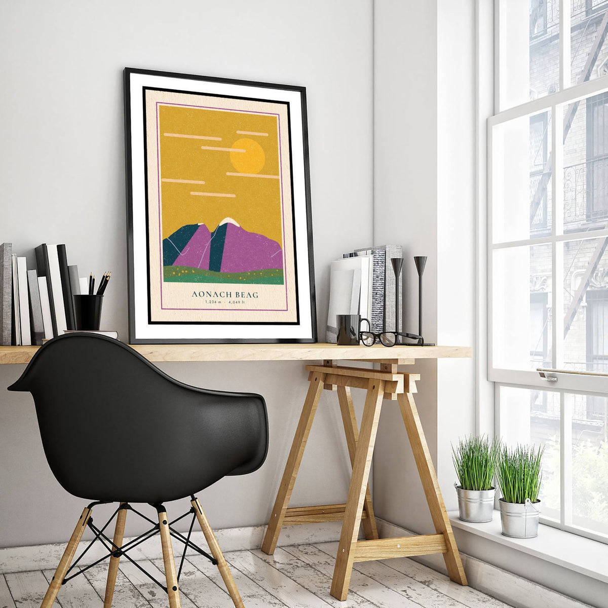 Aonach Beag Art Print - Scottish Munro Poster - Mustard Sky Linocut Look Illustration V2 2/3