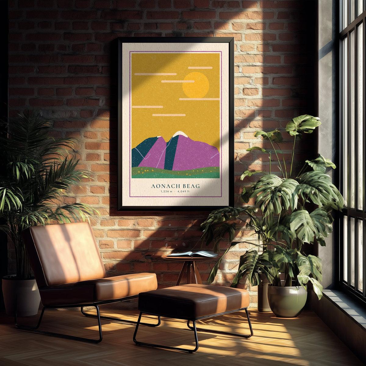 Aonach Beag Art Print - Scottish Munro Poster - Mustard Sky Linocut Look Illustration V2 2/3