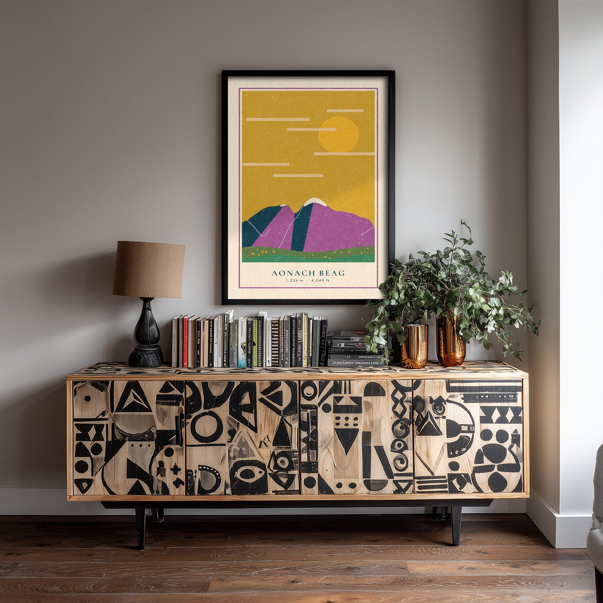 Aonach Beag Art Print - Scottish Munro Poster - Mustard Sky Linocut Look Illustration V2 2/3