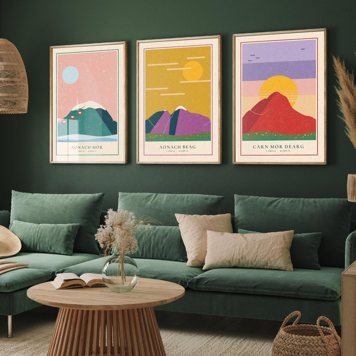 Lochaber 4000ft Munro Set of Three Art Prints - Aonach Mor, Aonach Beag, Carn Mor Dearg - Linocut Style Poster Illustration V2