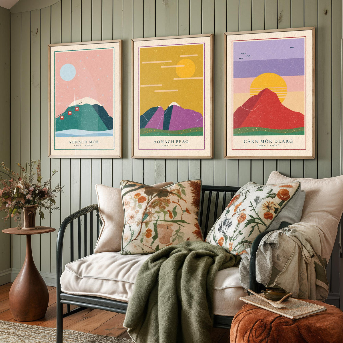 Lochaber 4000ft Munro Set of Three Art Prints - Aonach Mor, Aonach Beag, Carn Mor Dearg - Linocut Style Poster Illustration V2