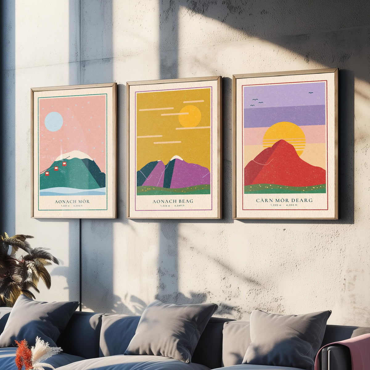 Lochaber 4000ft Munro Set of Three Art Prints - Aonach Mor, Aonach Beag, Carn Mor Dearg - Linocut Style Poster Illustration V2