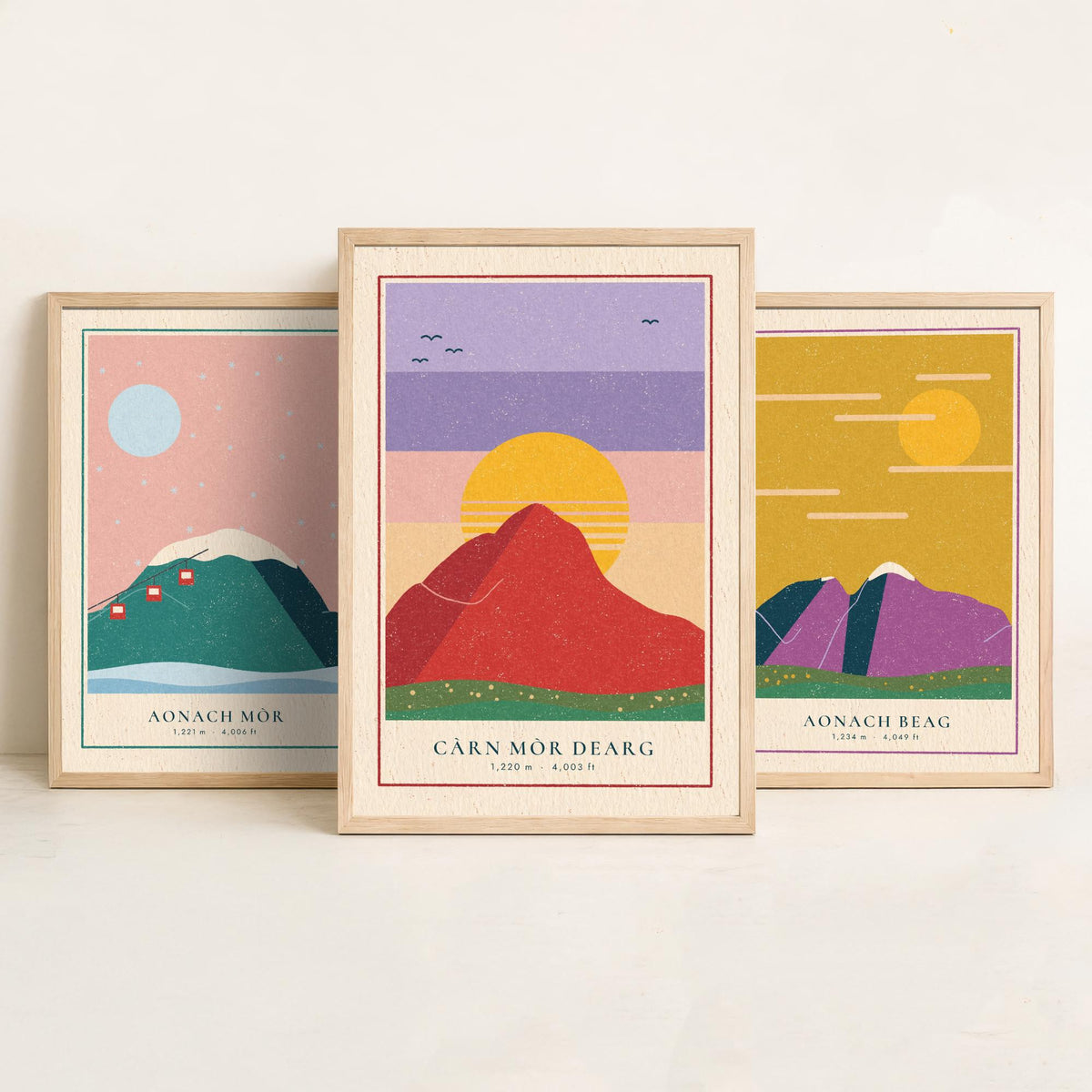 Lochaber 4000ft Munro Set of Three Art Prints - Aonach Mor, Aonach Beag, Carn Mor Dearg - Linocut Style Poster Illustration V2