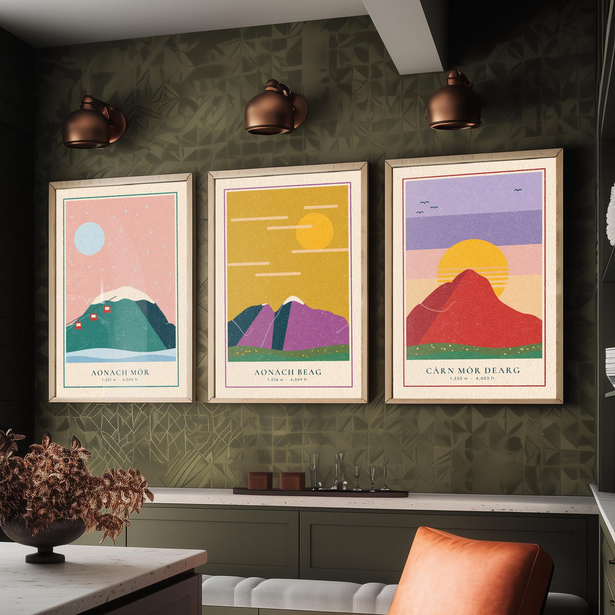 Lochaber 4000ft Munro Set of Three Art Prints - Aonach Mor, Aonach Beag, Carn Mor Dearg - Linocut Style Poster Illustration V2