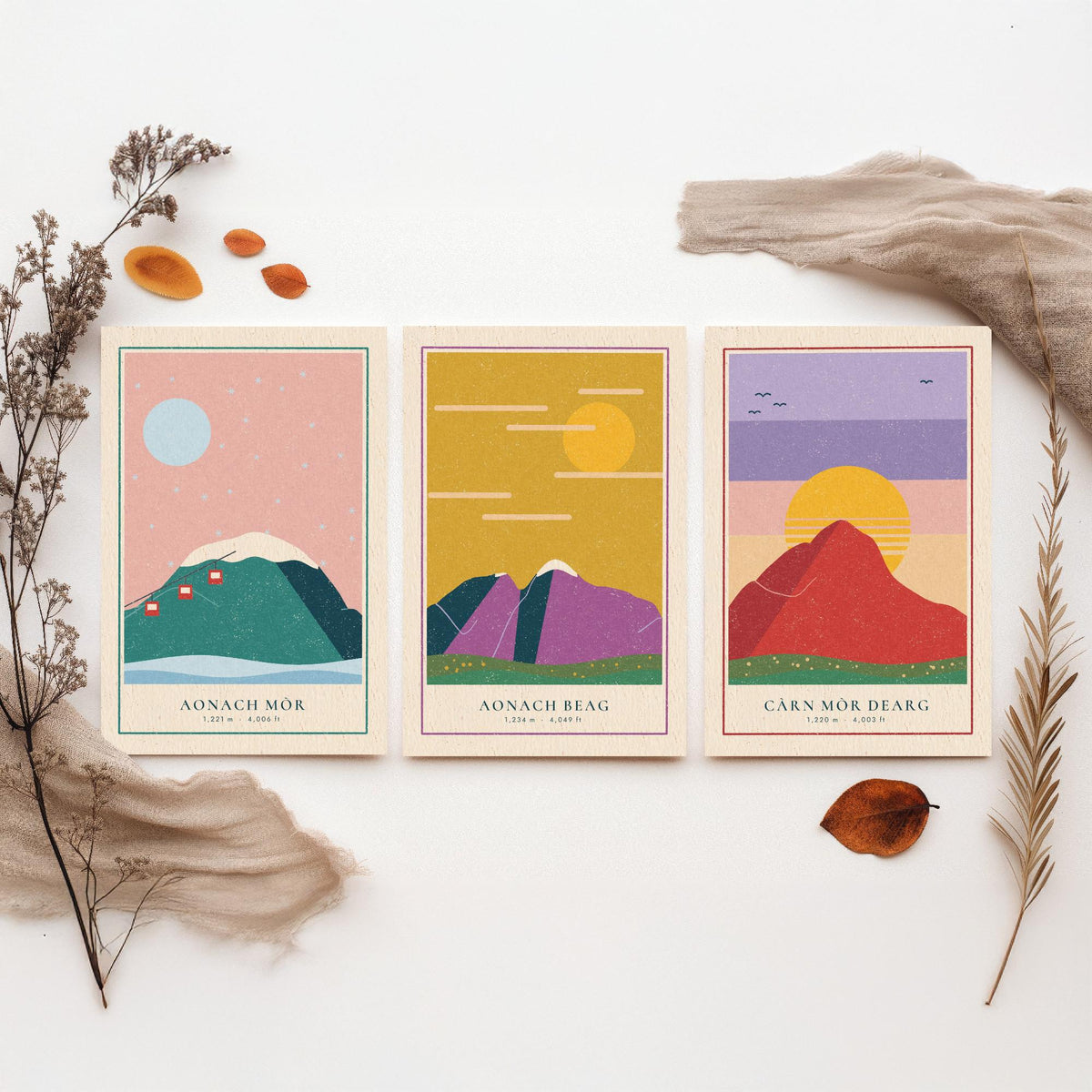 Lochaber 4000ft Munro Set of Three Art Prints - Aonach Mor, Aonach Beag, Carn Mor Dearg - Linocut Style Poster Illustration V2