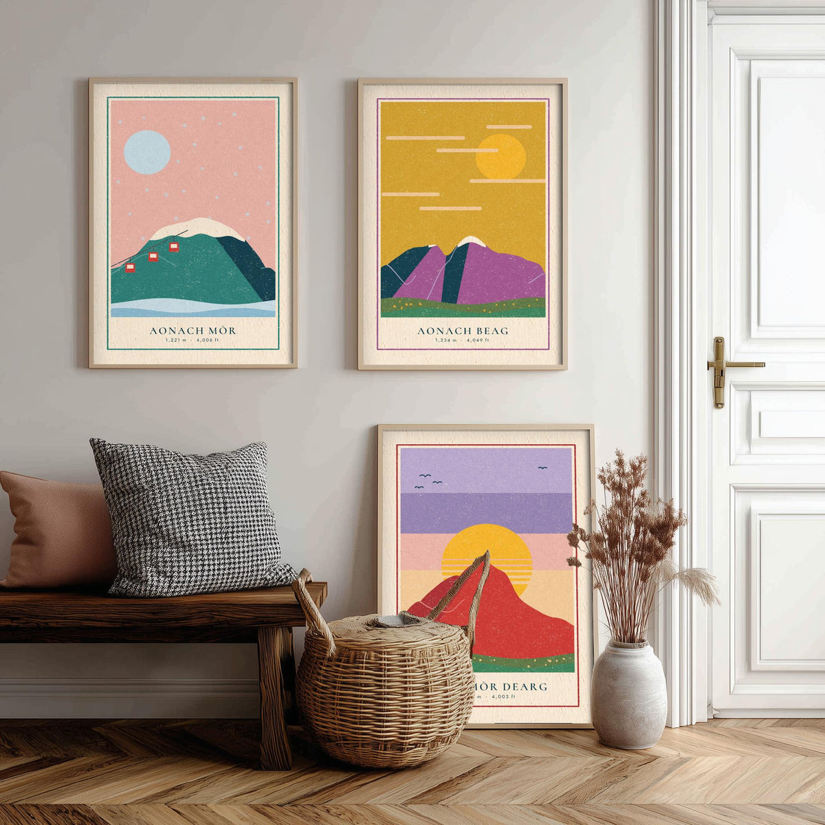 Lochaber 4000ft Munro Set of Three Art Prints - Aonach Mor, Aonach Beag, Carn Mor Dearg - Linocut Style Poster Illustration V2