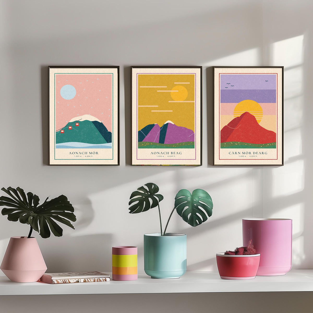Lochaber 4000ft Munro Set of Three Art Prints - Aonach Mor, Aonach Beag, Carn Mor Dearg - Linocut Style Poster Illustration V2