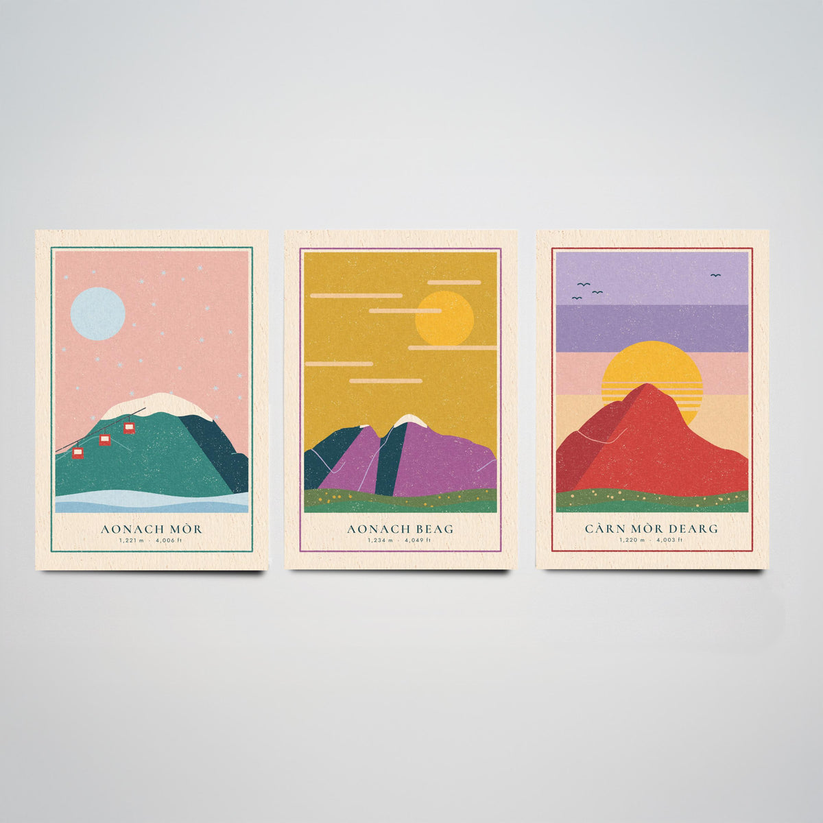 Lochaber 4000ft Munro Set of Three Art Prints - Aonach Mor, Aonach Beag, Carn Mor Dearg - Linocut Style Poster Illustration V2