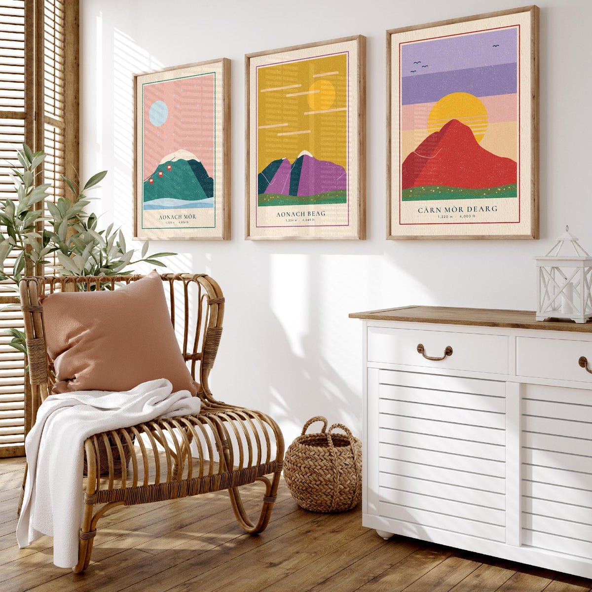 Lochaber 4000ft Munro Set of Three Art Prints - Aonach Mor, Aonach Beag, Carn Mor Dearg - Linocut Style Poster Illustration V2