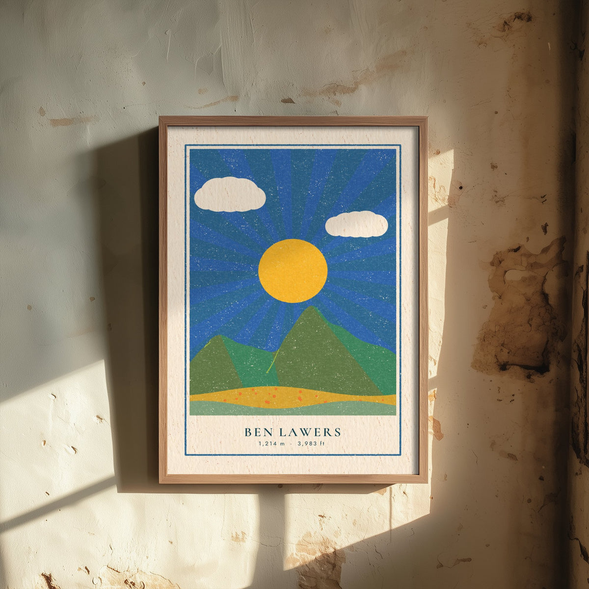 Ben Lawers Art Print - Sunburst Scottish Munro Poster - Retro Linocut Style Perthshire Mountain Illustration V2 1/3