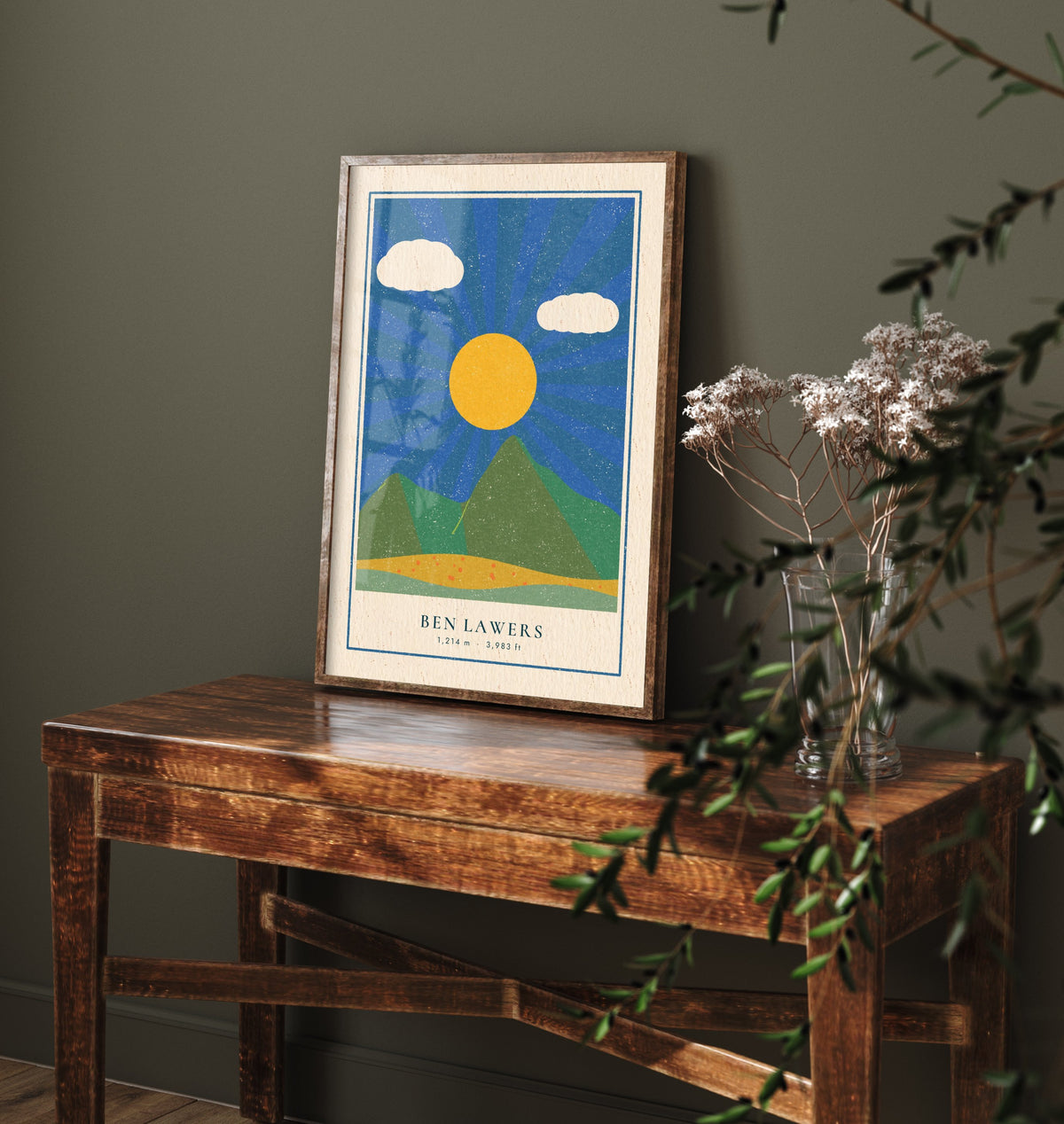 Ben Lawers Art Print - Sunburst Scottish Munro Poster - Retro Linocut Style Perthshire Mountain Illustration V2 1/3