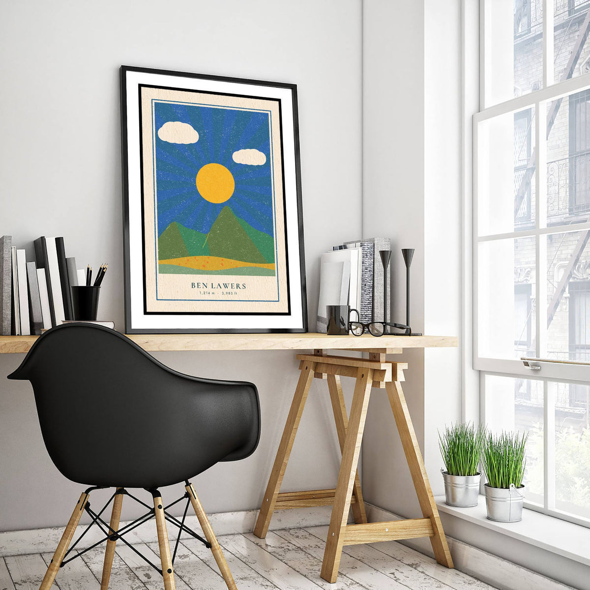Ben Lawers Art Print - Sunburst Scottish Munro Poster - Retro Linocut Style Perthshire Mountain Illustration V2 1/3