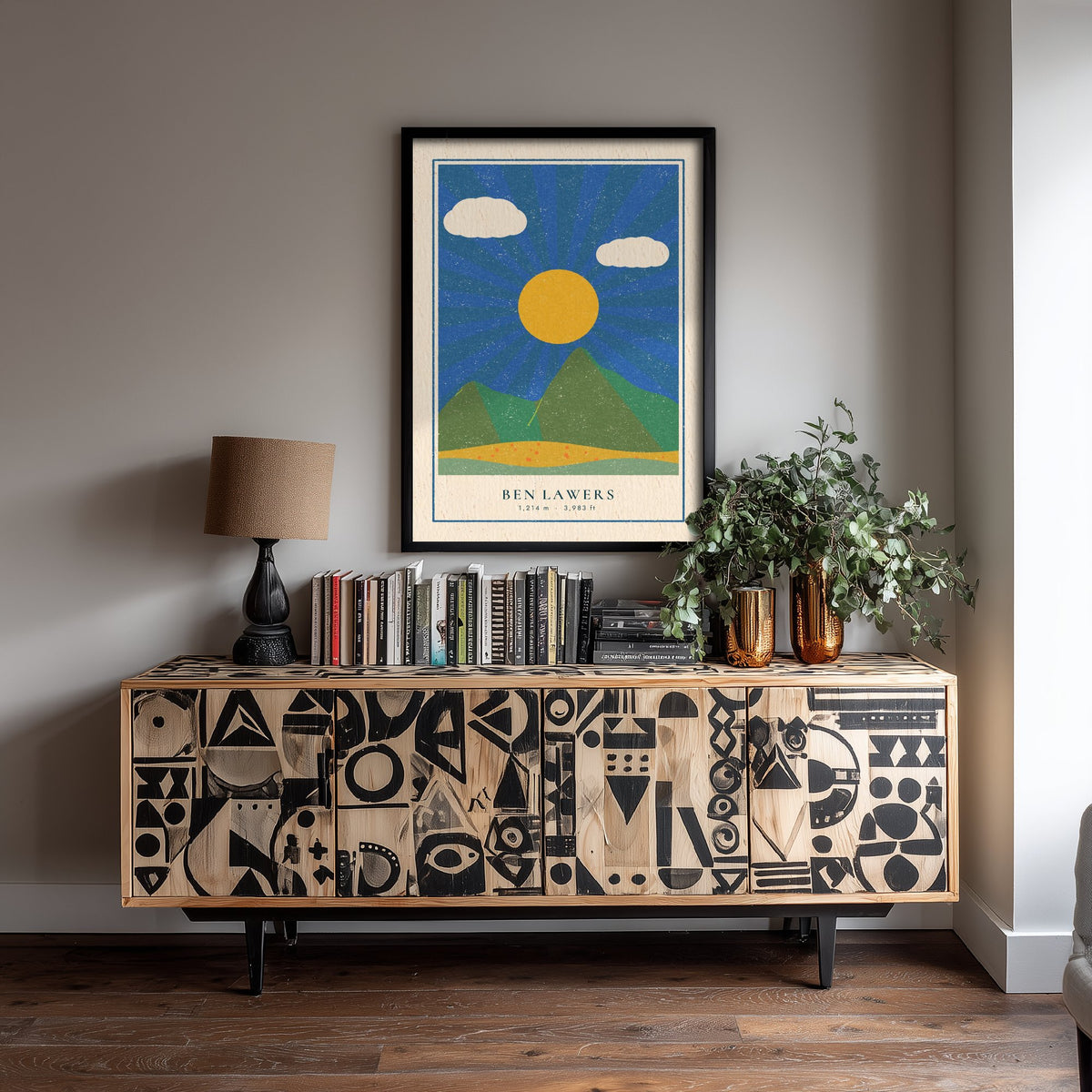 Ben Lawers Art Print - Sunburst Scottish Munro Poster - Retro Linocut Style Perthshire Mountain Illustration V2 1/3