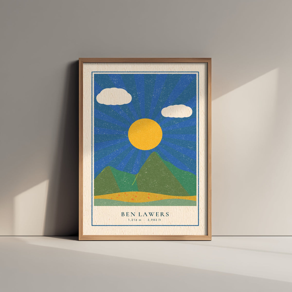 Ben Lawers Art Print - Sunburst Scottish Munro Poster - Retro Linocut Style Perthshire Mountain Illustration V2 1/3