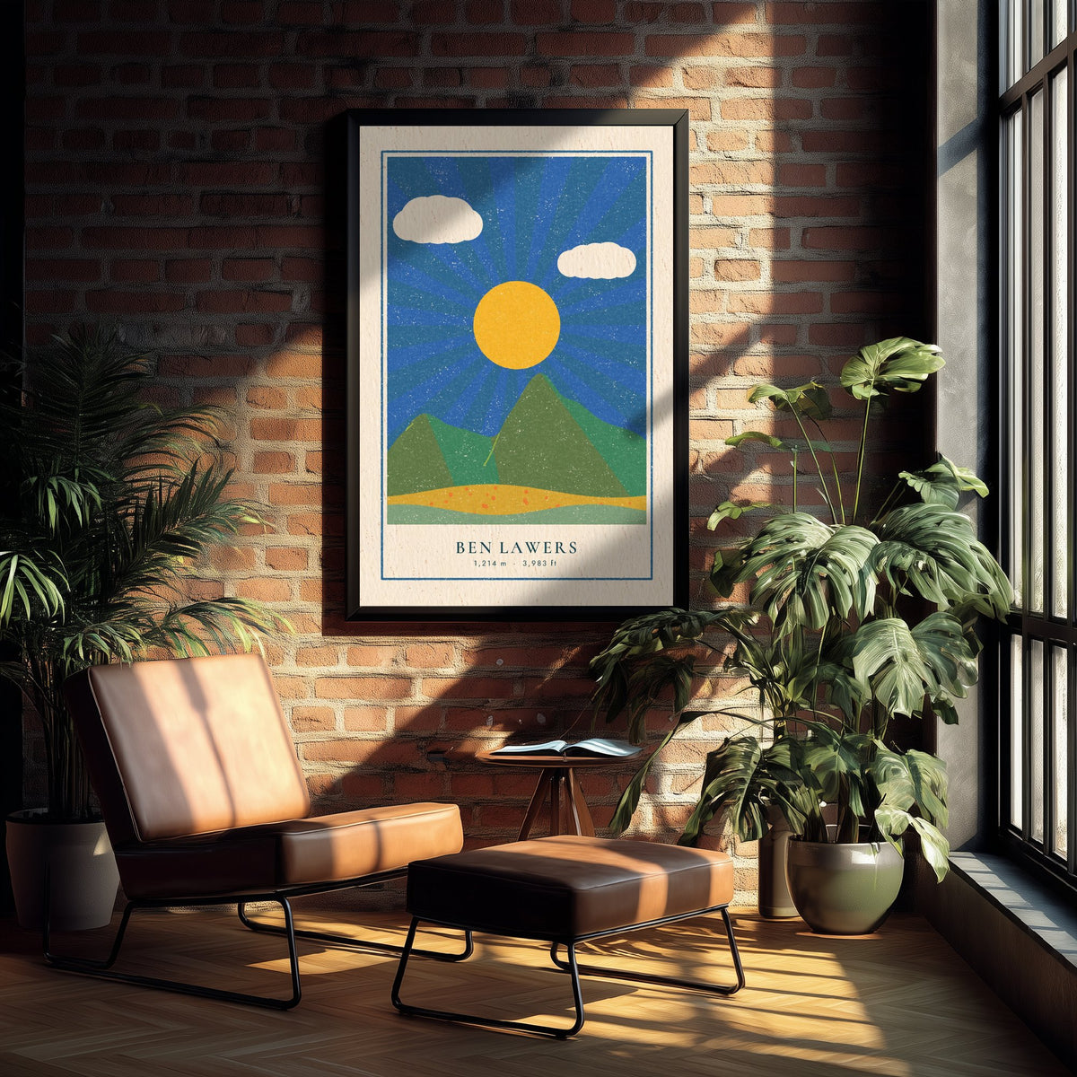 Ben Lawers Art Print - Sunburst Scottish Munro Poster - Retro Linocut Style Perthshire Mountain Illustration V2 1/3