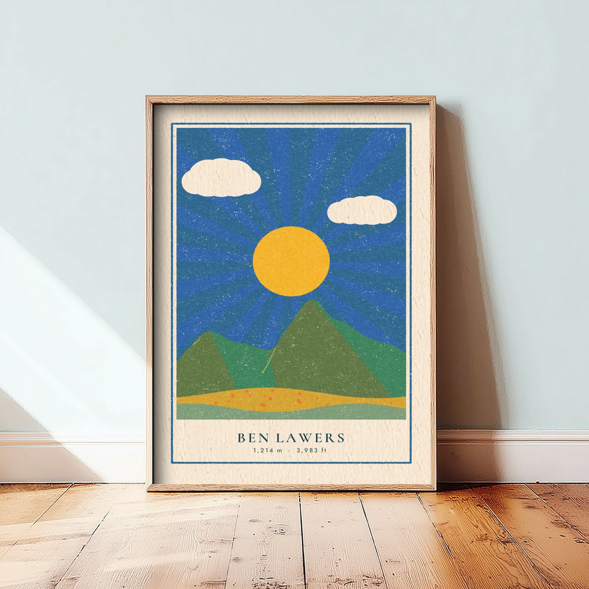 Ben Lawers Art Print - Sunburst Scottish Munro Poster - Retro Linocut Style Perthshire Mountain Illustration V2 1/3