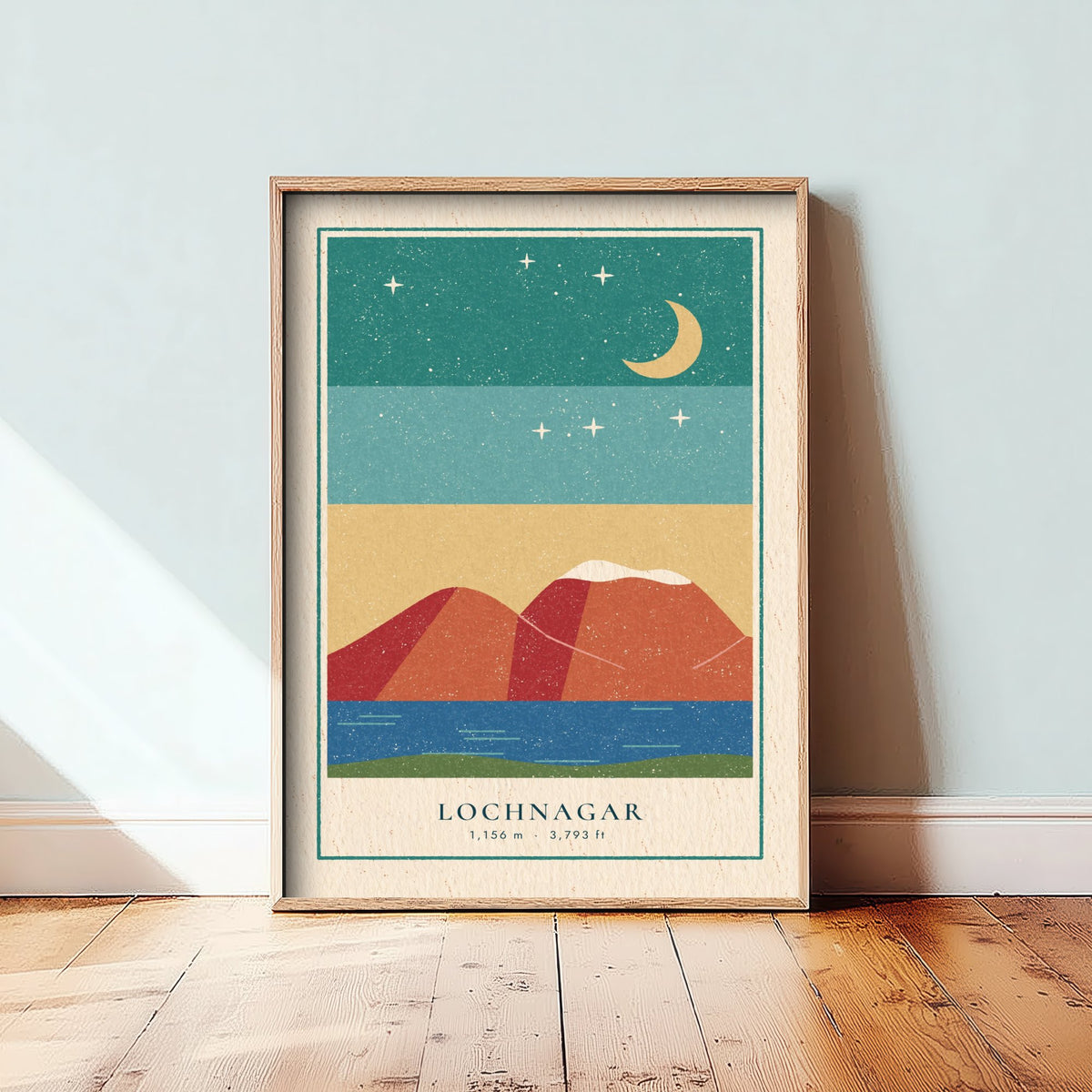 Lochnagar Poster - Crescent Moon Over the Loch Art Print - Royal Deeside Munro Linocut Illustration V2 2/3