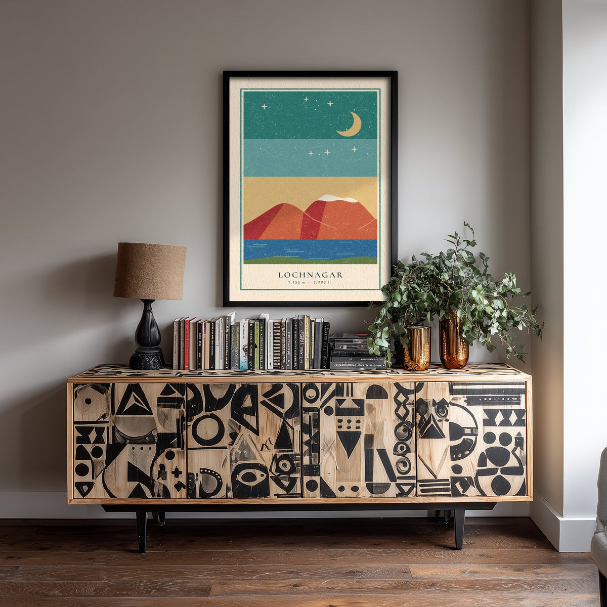 Lochnagar Poster - Crescent Moon Over the Loch Art Print - Royal Deeside Munro Linocut Illustration V2 2/3