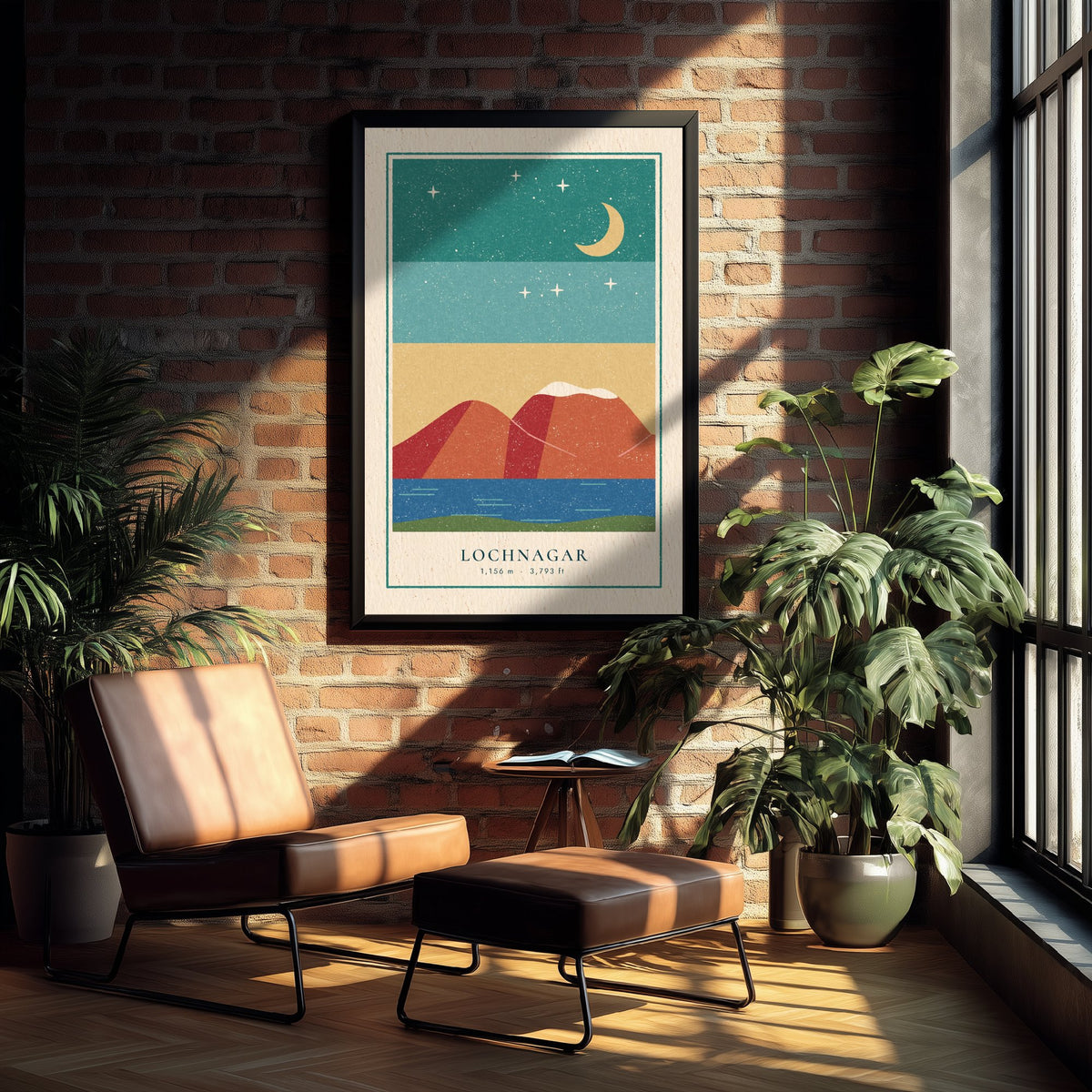 Lochnagar Poster - Crescent Moon Over the Loch Art Print - Royal Deeside Munro Linocut Illustration V2 2/3
