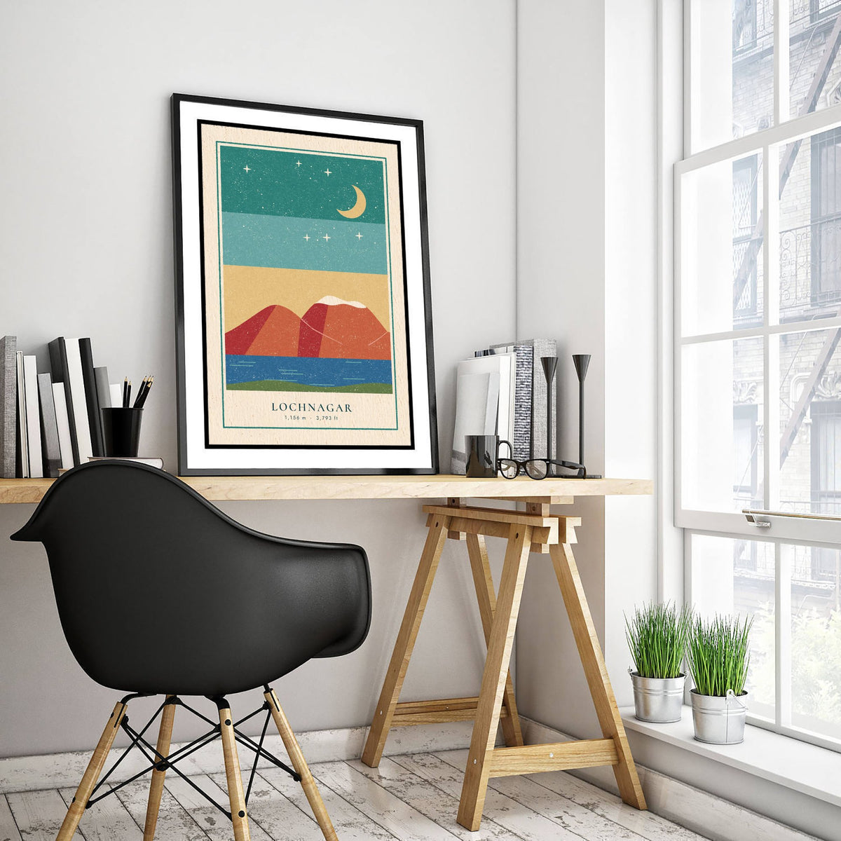 Lochnagar Poster - Crescent Moon Over the Loch Art Print - Royal Deeside Munro Linocut Illustration V2 2/3