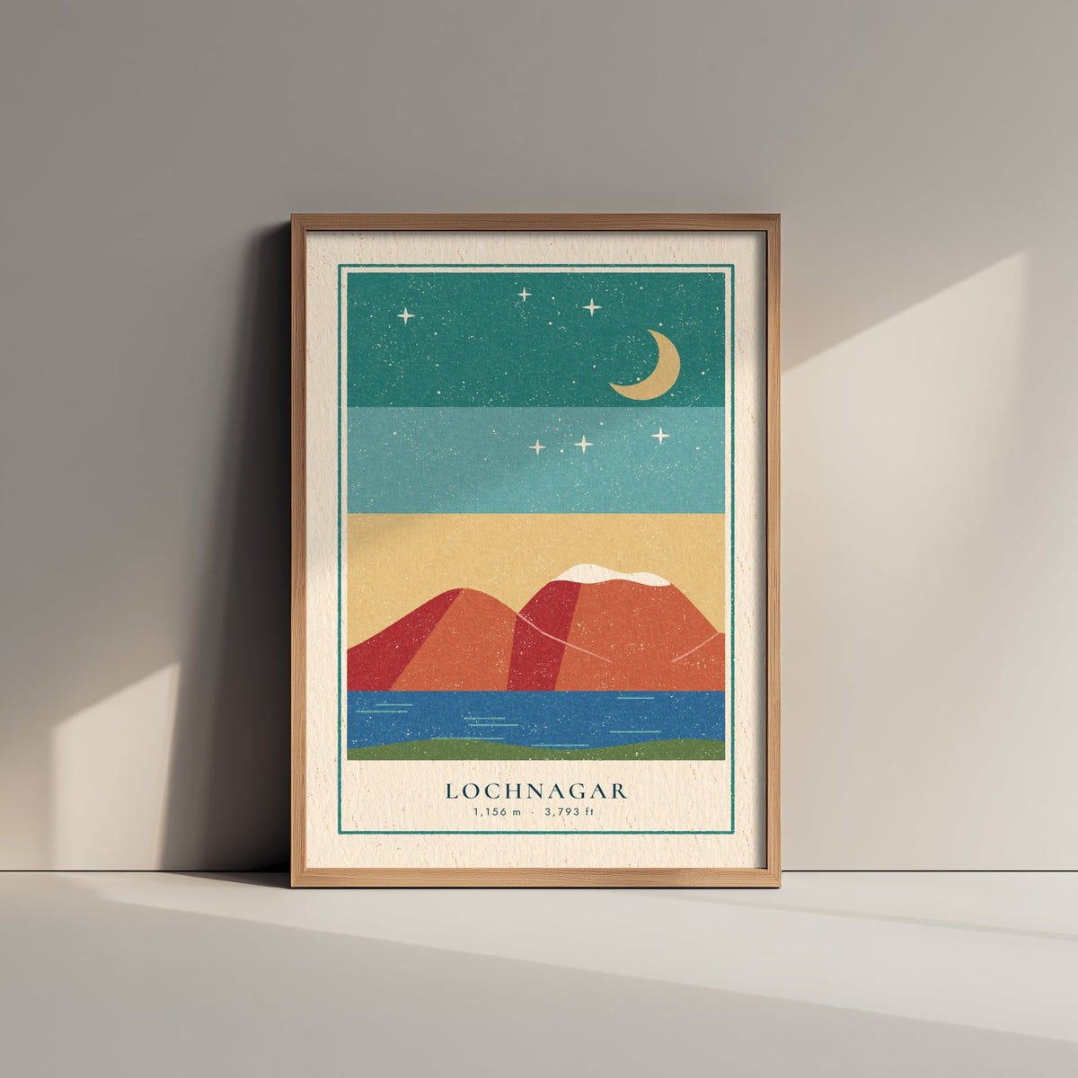 Lochnagar Poster - Crescent Moon Over the Loch Art Print - Royal Deeside Munro Linocut Illustration V2 2/3