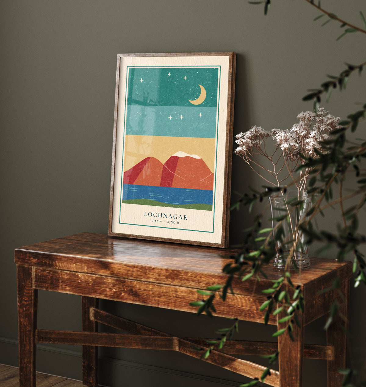 Lochnagar Poster - Crescent Moon Over the Loch Art Print - Royal Deeside Munro Linocut Illustration V2 2/3