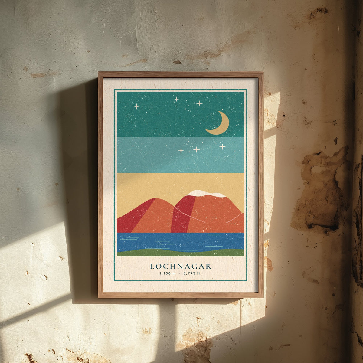Lochnagar Poster - Crescent Moon Over the Loch Art Print - Royal Deeside Munro Linocut Illustration V2 2/3