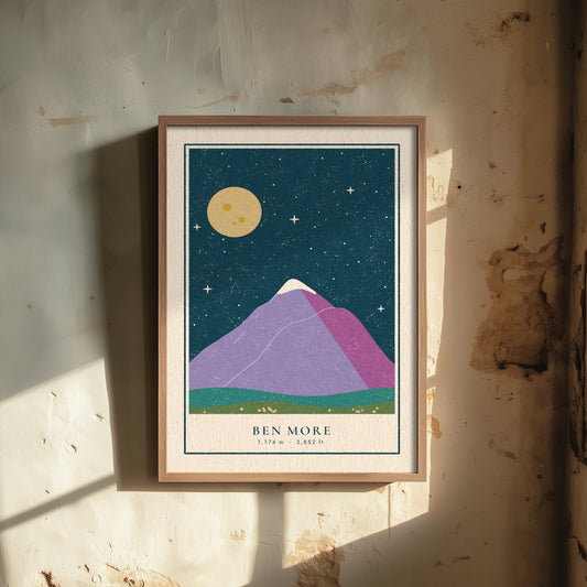 Ben More Starry Night Art Print - Lilac Peak Under a Full Moon - Crianlarich Munro Poster Linocut Illustration V2 3/3
