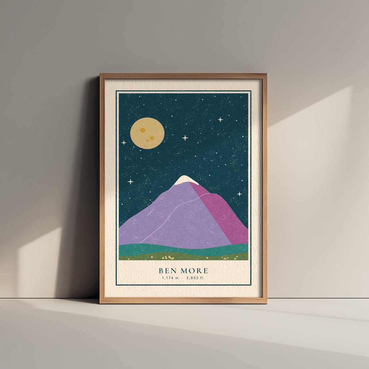 Ben More Starry Night Art Print - Lilac Peak Under a Full Moon - Crianlarich Munro Poster Linocut Illustration V2 3/3
