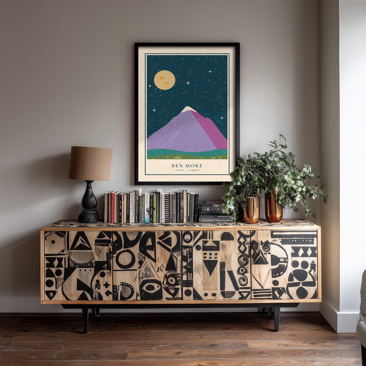 Ben More Starry Night Art Print - Lilac Peak Under a Full Moon - Crianlarich Munro Poster Linocut Illustration V2 3/3